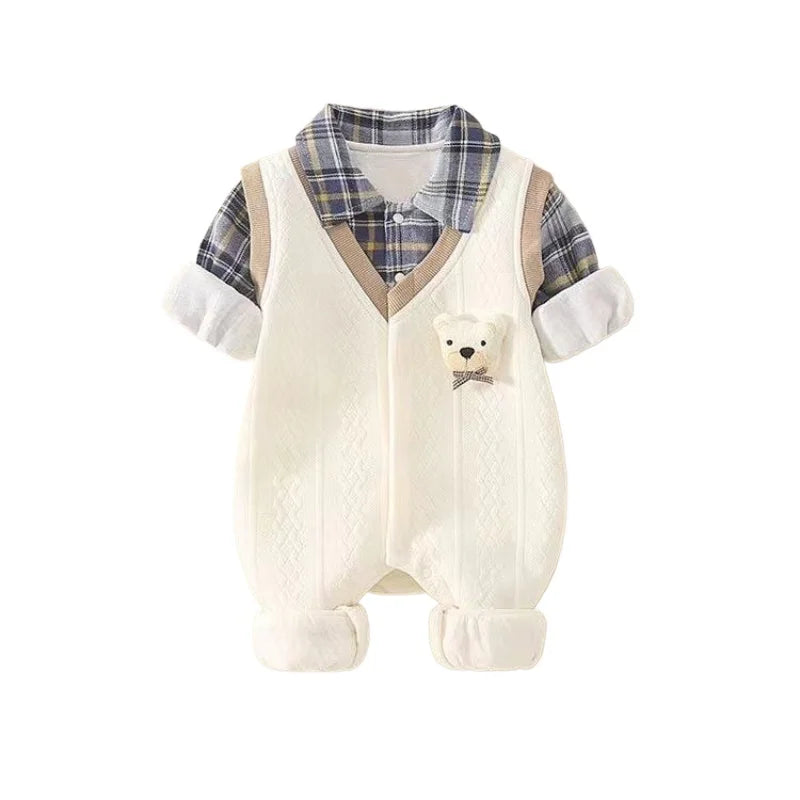 Boy & Girls Soft Fake Two-Piece Romper Baby Cute 3D Bear Head Jumpsuit Christmas Stylish Plaid Shirt Collar Spring-Autumn Onesie