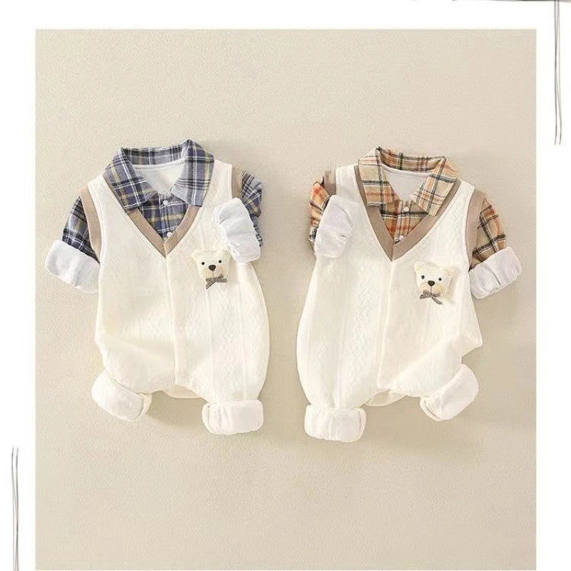 Boy & Girls Soft Fake Two-Piece Romper Baby Cute 3D Bear Head Jumpsuit Christmas Stylish Plaid Shirt Collar Spring-Autumn Onesie