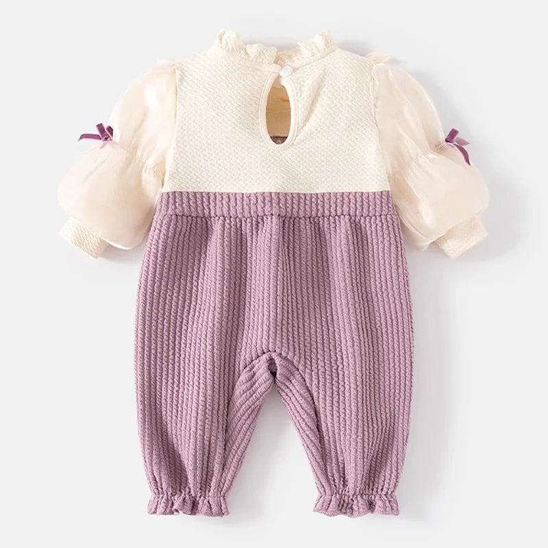 New Spring and Autumn Girls' Sweet and Stylish Baby Romper 3D Flower Decoration Mesh Double Layered Puff Sleeves with Bows