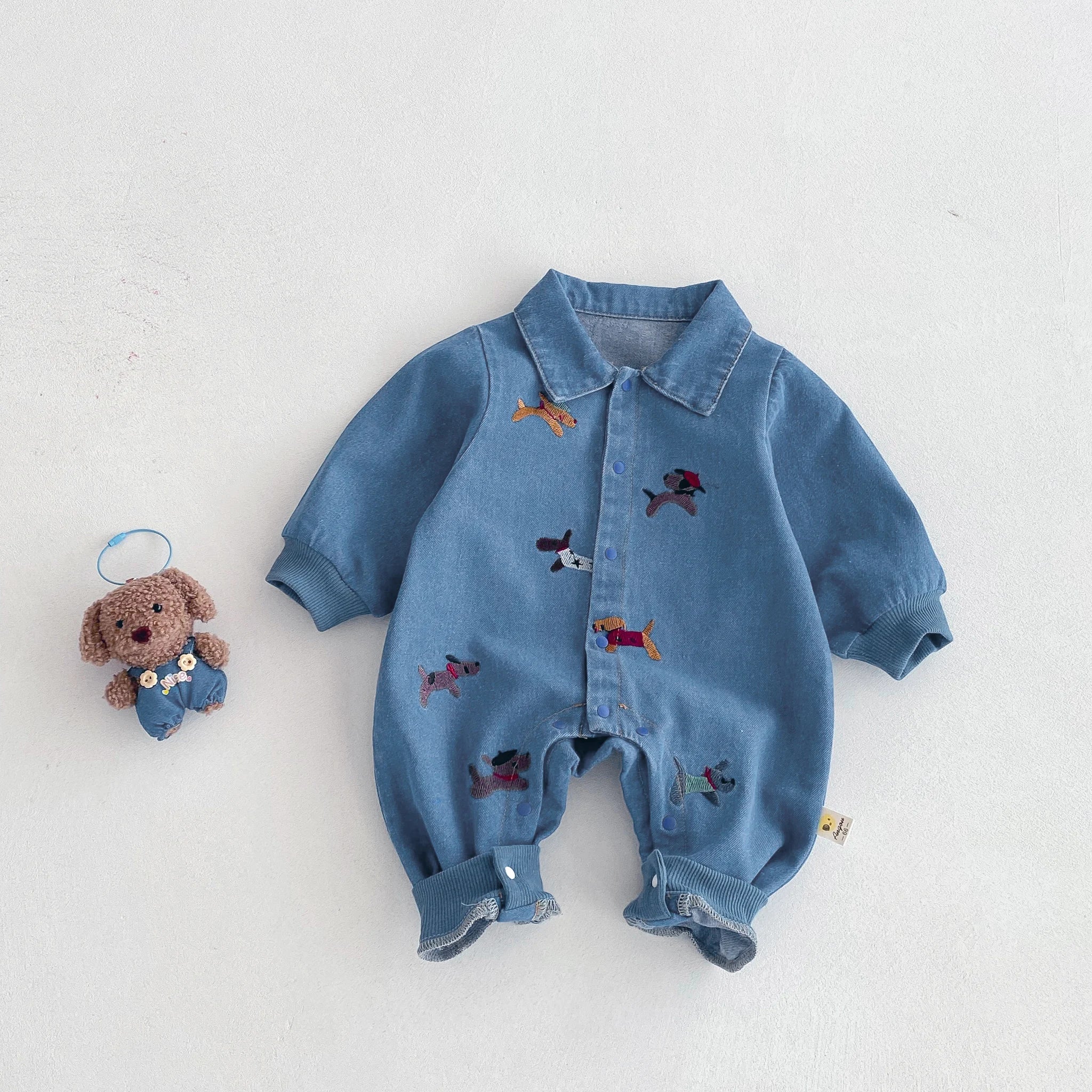 Baby one-piece suit, denim autumn wear, embroidered outdoor crawling clothes for boys and girls, Hayi, first birthday clothes fo